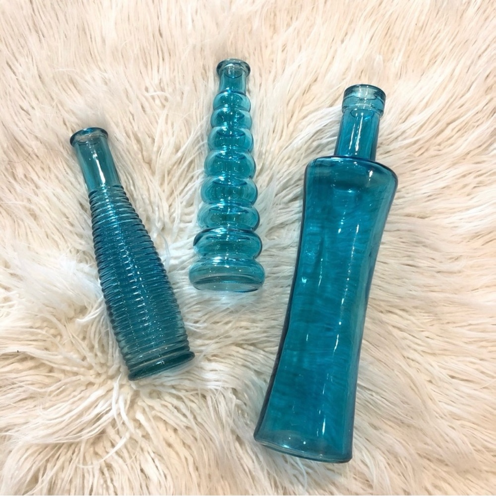 Funky Vintage Teal Blue Glass Bud Vases Bottle Vases Set of 3